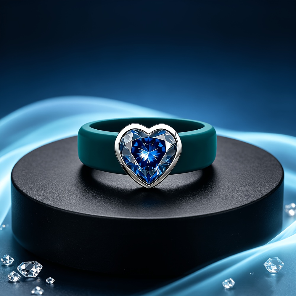 TEMU 1pc Heart-shaped Blue Stone Silicone Ring, Vintage Elegant Style Men Women Engagement Ring Fashion Jewelry Couple Matching Rings Gemstone