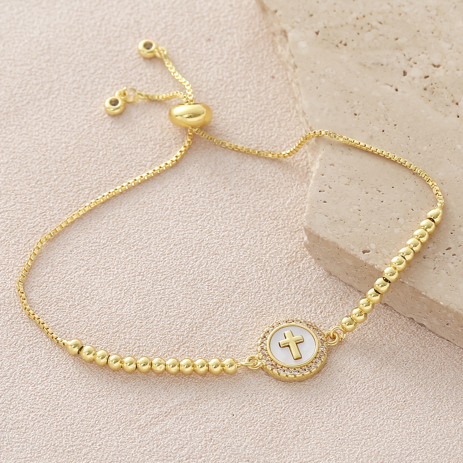 Women's 18K Gold-Plated Adjustable Bead Bracelet with Cross Pendant