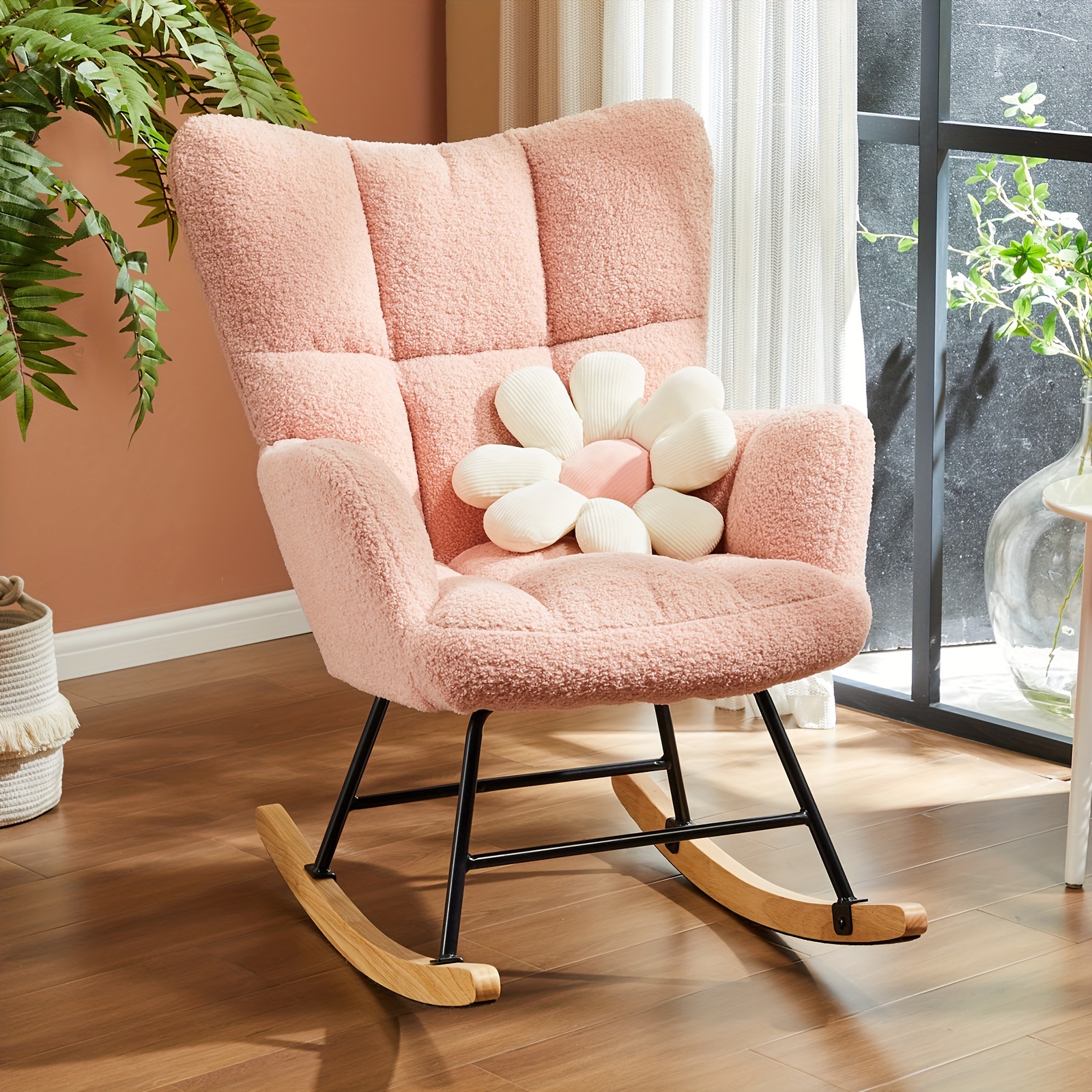 Rocking Chair Nursery Teddy Upholstered Glider Rocker with High Backrest Reading Chair Modern Rocking Accent Chairs Glider Recliner for Living Room Nursery Bedroom