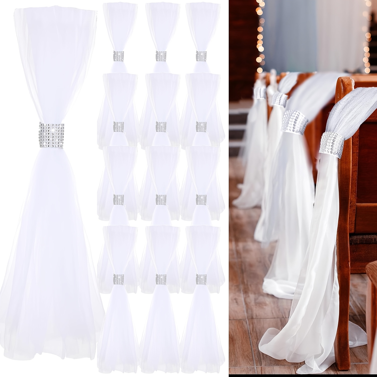 Image of 12set Wedding Pew Bows Wedding Aisle Decorations White Tulle And Glitter Wrap Wedding Decor Chair Bows For Church Bridal Shower, Christmas, Halloween