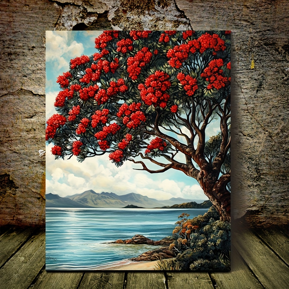 TEMU 2d Flat, 2d Flat, 1pc 2d Framed Canvas Artwork Featuring A Tree With Red Blossoms And A , Texture Through Its Design. Ideal For Decorating Your