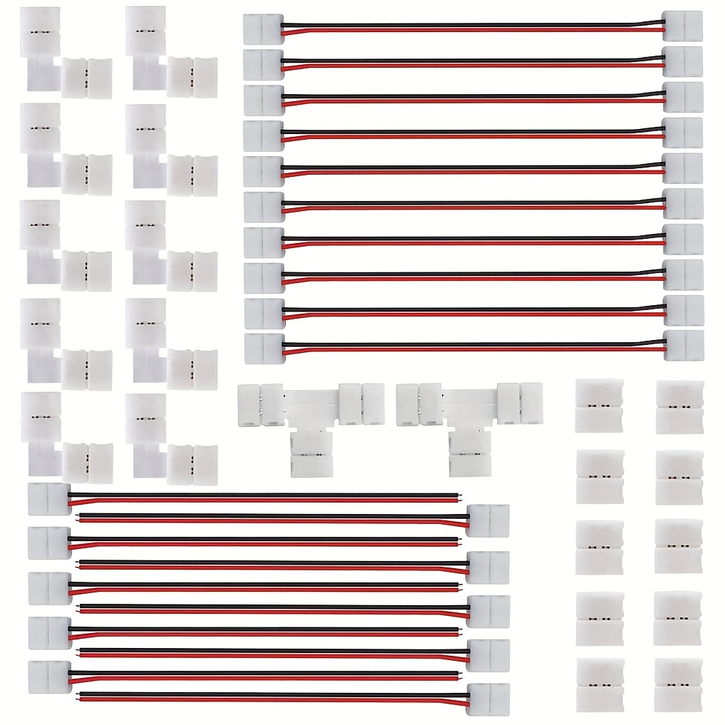 Image of The 42pcs Led Strip Connector Set Features L-shaped 2-pin Right Angle Connectors, T-shaped Connectors, Connectors, And Strip-to-strip Jumpers Designed For 2-pin 8mm 3528/2835 Led Strips