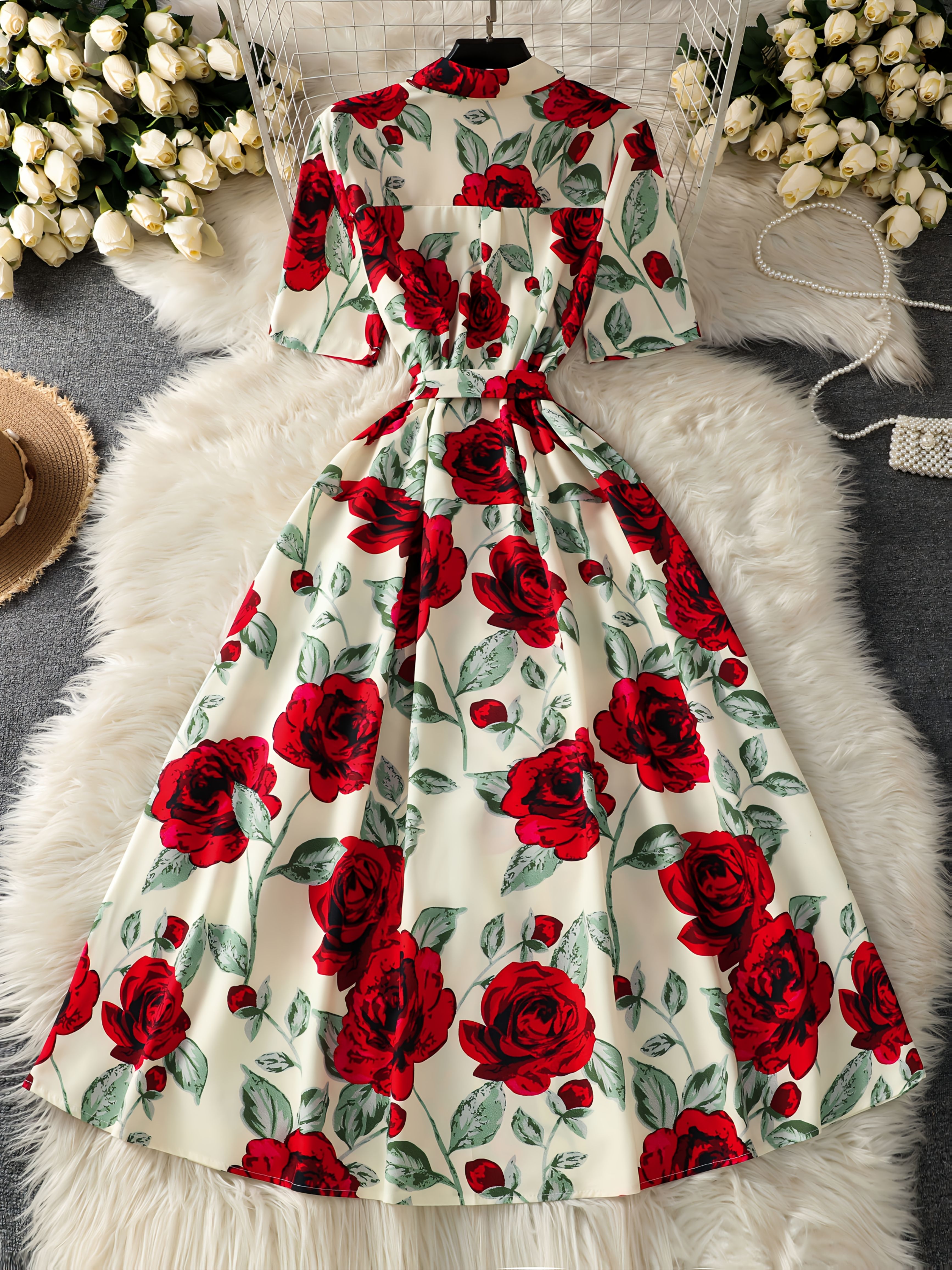 Women'S Elegant Floral Print A-Line Dress Short Sleeve, Belted,  High-Waisted Pattern, White with Red Roses Summer, Adult Fashion,  Elegant