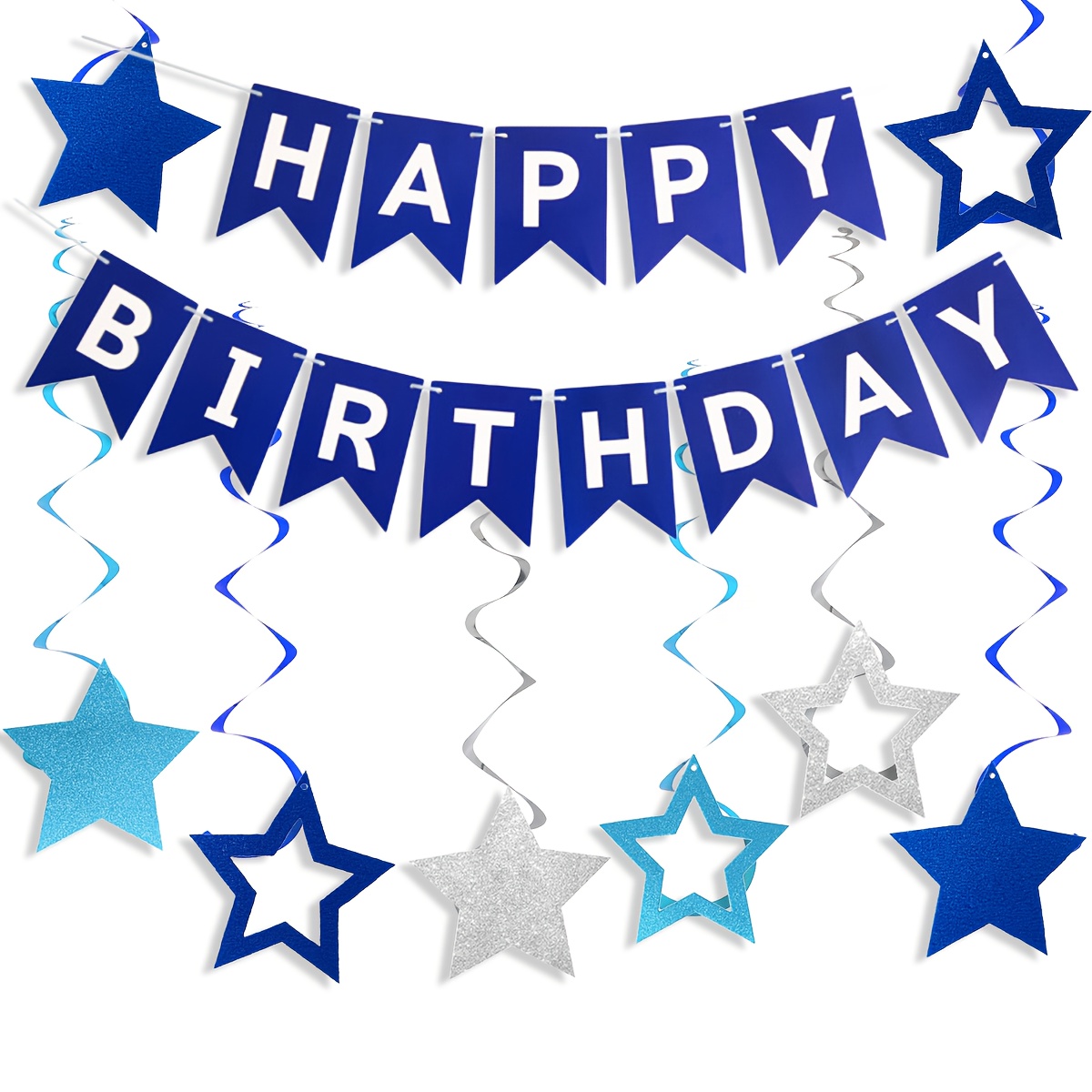 Image of Navy Blue Happy Birthday Decorations, Happy Birthday Paper Banner Flag Bunting And 8pcs Star Hanging Swirl, Garland Backdrop For Birthday Party Supplies