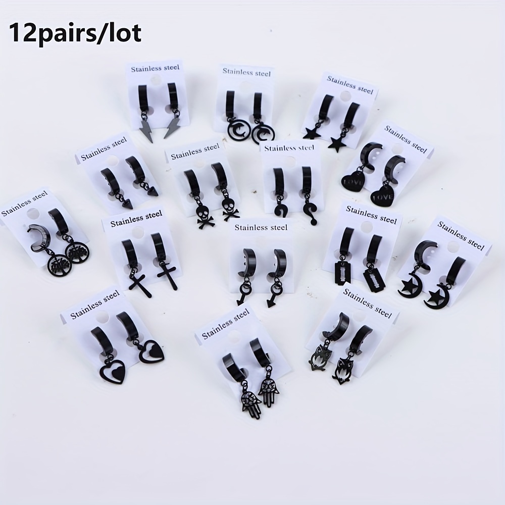 Image of 12 Pairs Of Fashionable Minimalist Star Skull 4mm Stainless Steel Ear Clips Trendy Men's Everyday Jewelry Party Decorative Gifts Random Delivery