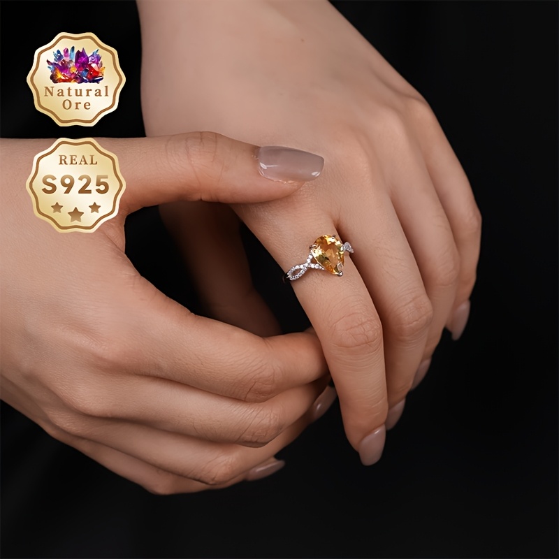 Women's Adjustable 925 Silver Ring with Yellow Natural Crystal