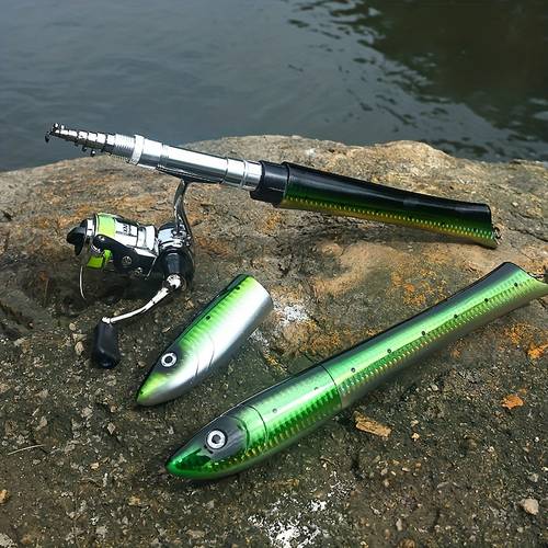 fishing compact 1 4 fish shaped portable fishing rod set with reel ideal for ice jigging medium mixed colors