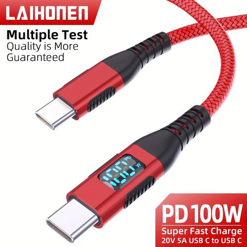 100w charging usb c data cable real time led screen nylon material 20v5a type c to type c data transfer red
