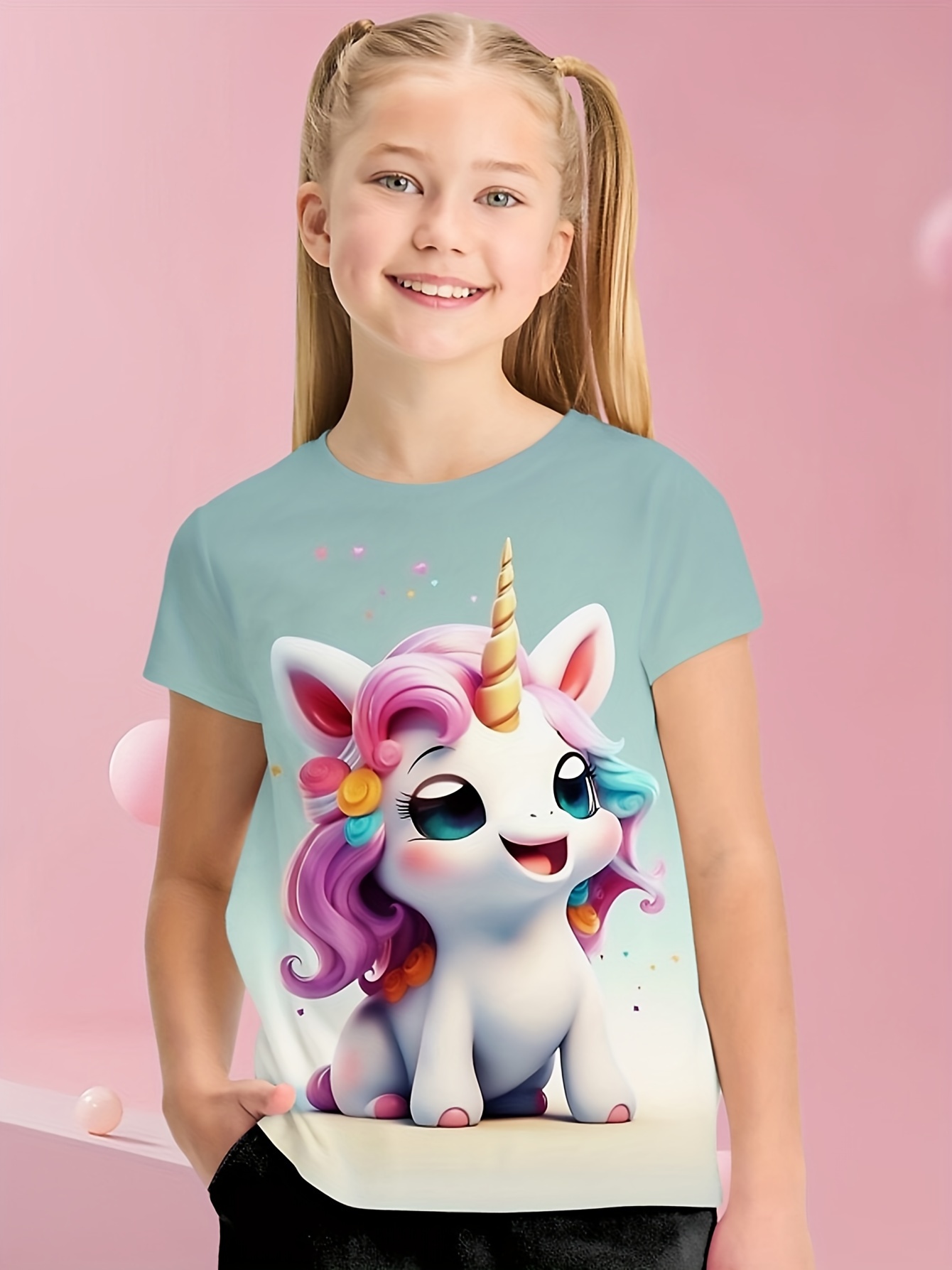 Cute Girls Cartoon Unicorn Graphic Short Sleeve T Shirt Crew Neck Tees ...