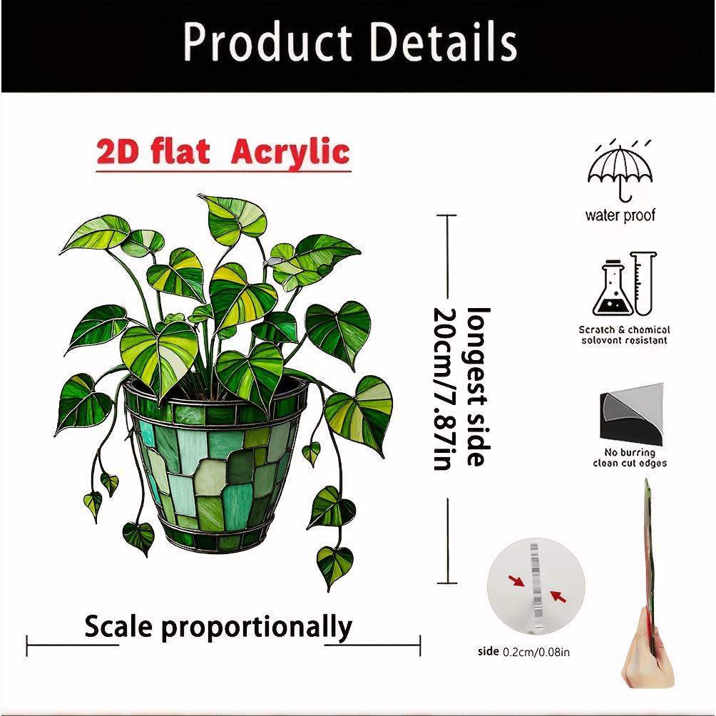 TEMU 2D Plat - Plan 2D, Pothos Vert avec un Pot de Fleurs - Décoration de Fenêtre en Acrylique de 7,87 pouces, Convient à Toutes , un Cadeau Idéal et
