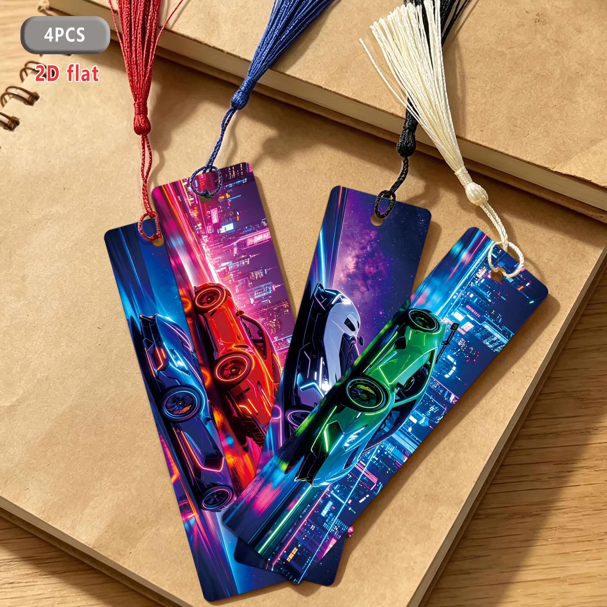 TEMU 4pcs Bookmarks Suitable For Books, Neon Sports Car With Tassels - Blue-, Trendy Sporty Bookmark Gift For Book Lovers, Teachers, Students, For