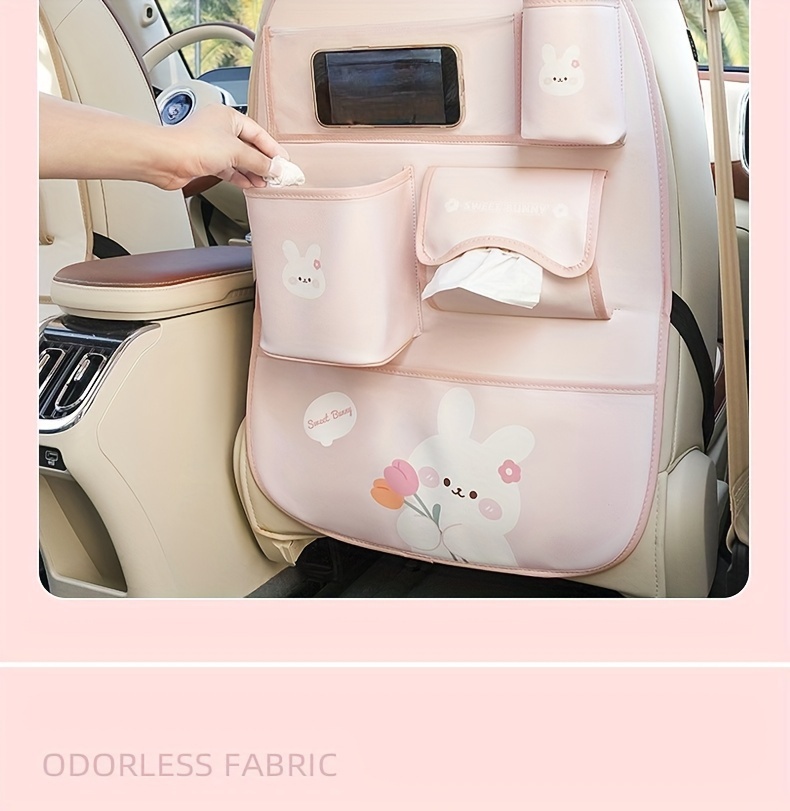 Cute Bear & Bunny Car Organizer - Multi-Functional Seat Back Storage with Trash Bin, Tissue Holder, Cup & Phone Slots, Durable Faux Leather, Easy Clean - Perfect Holiday Gift details 6