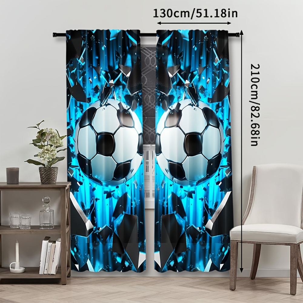 TEMU 2pcs, Soccer Print Art Deco Curtains, Light-filtering Rod Pocket Drapes, Polyester Panels For Living Room, Bedroom, Study, Home Decor
