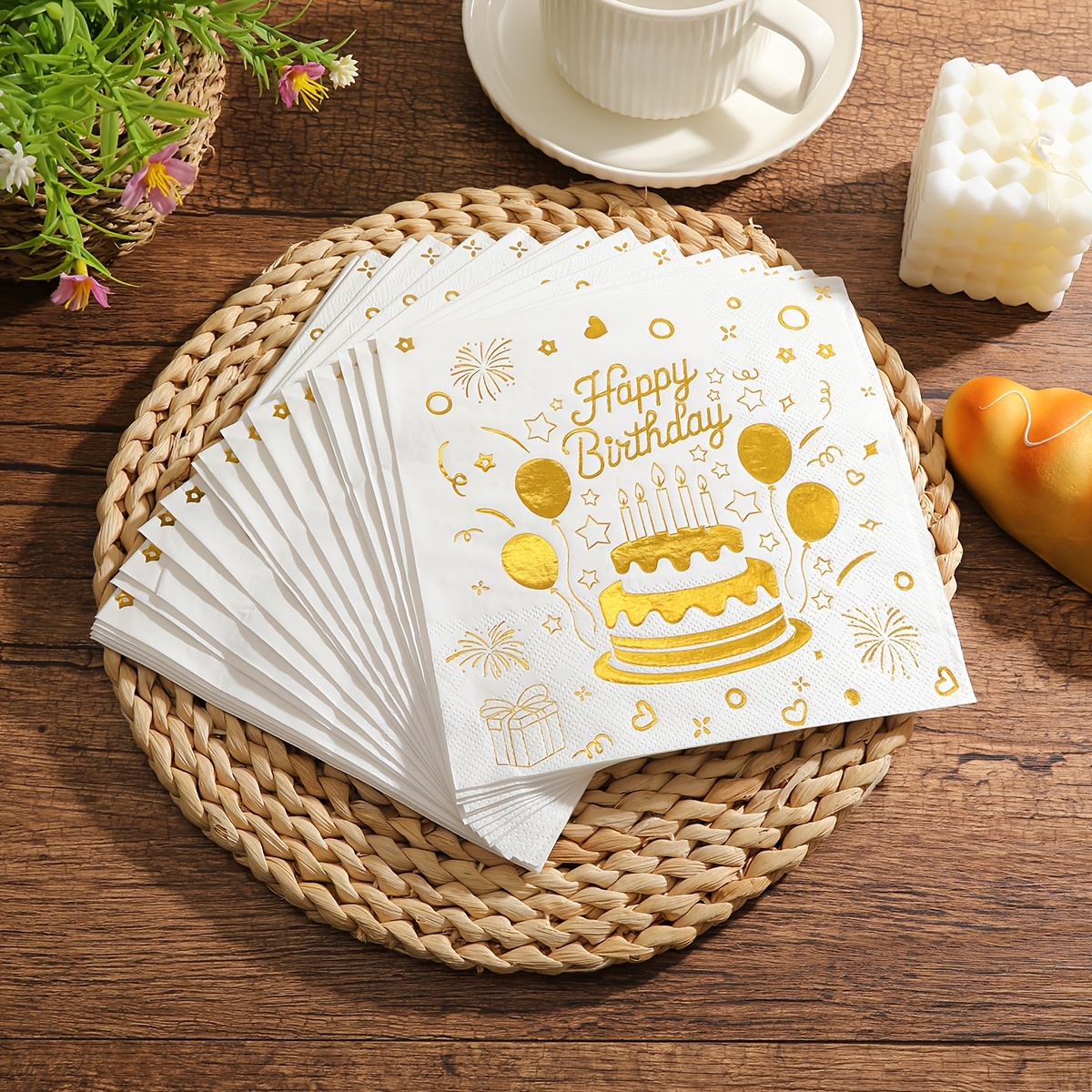 TEMU 20pcs, New Birthday Party Napkins | Gold-embossed, 6.5*6.5 Inches, With Fireworks, Balloons And Other Decorations, Perfect For Birthday