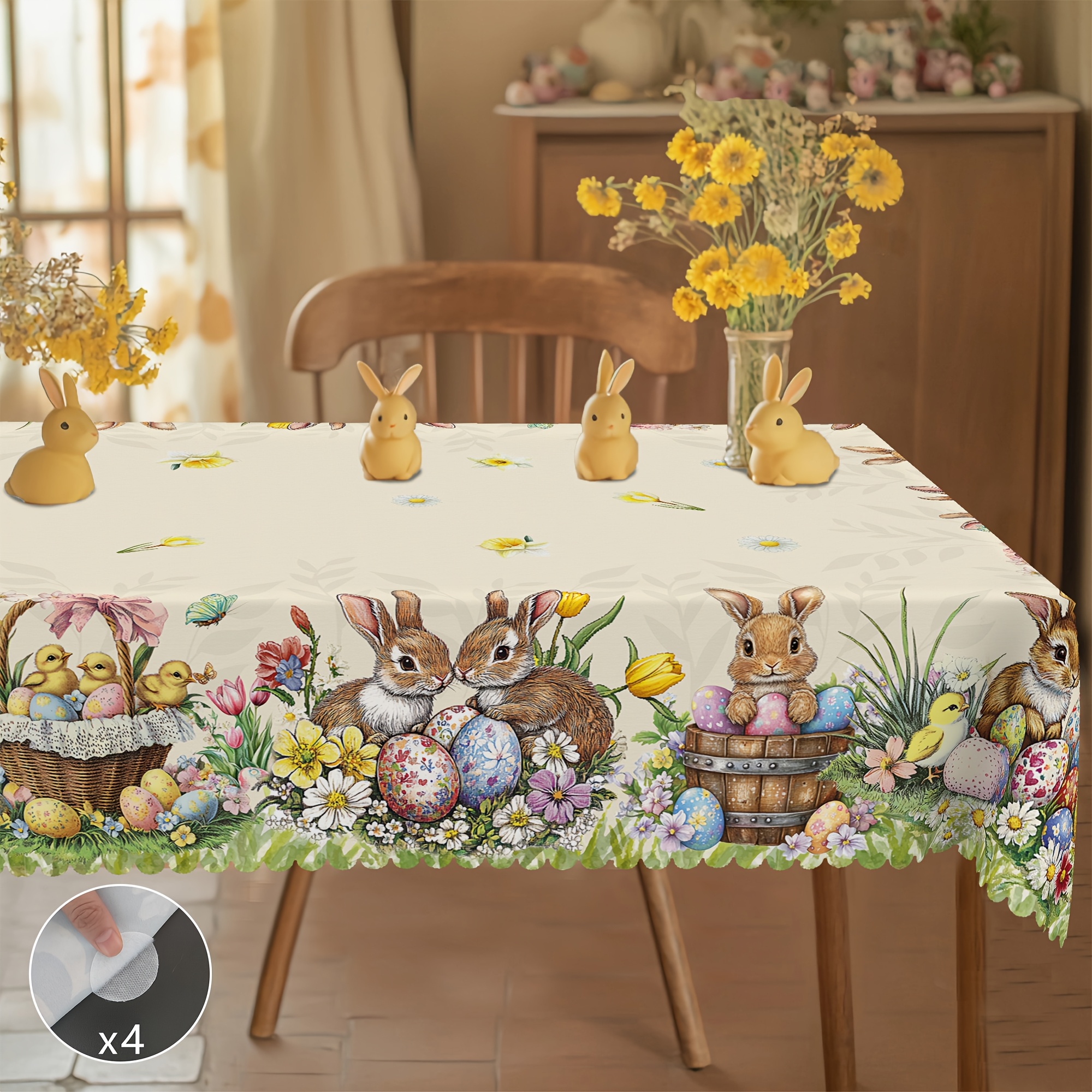 

1pc Easter Spring Tablecloth In 5 Sizes - Round & Square, & Egg Design With Anti-slip Stickers, Indoor/outdoor Celebrations, Home & Decor, Floral Tablecloth