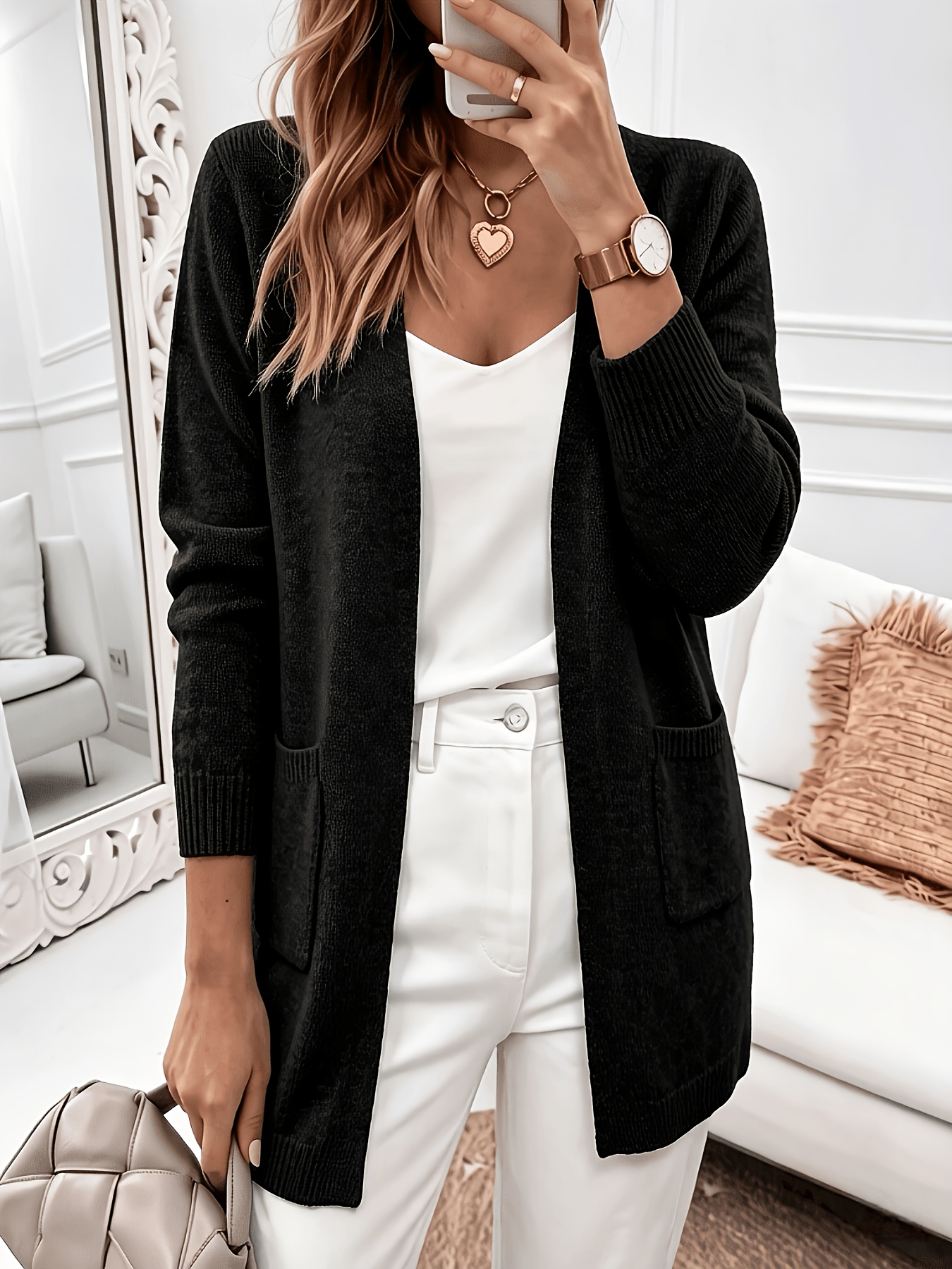imagem do item cardigan de mulher outono inverno   estilo, saco largo preguiçoso decote em   bolso casaco   de exterior