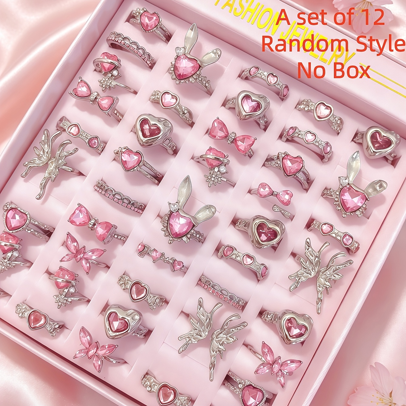 TEMU 12pcs Set Of Ladies' Fashionable And Elegant Mixed Style Set, Personalized Trendy Heart, , Crown, Rabbit, Party Gift, Daily Jewelry Additions,