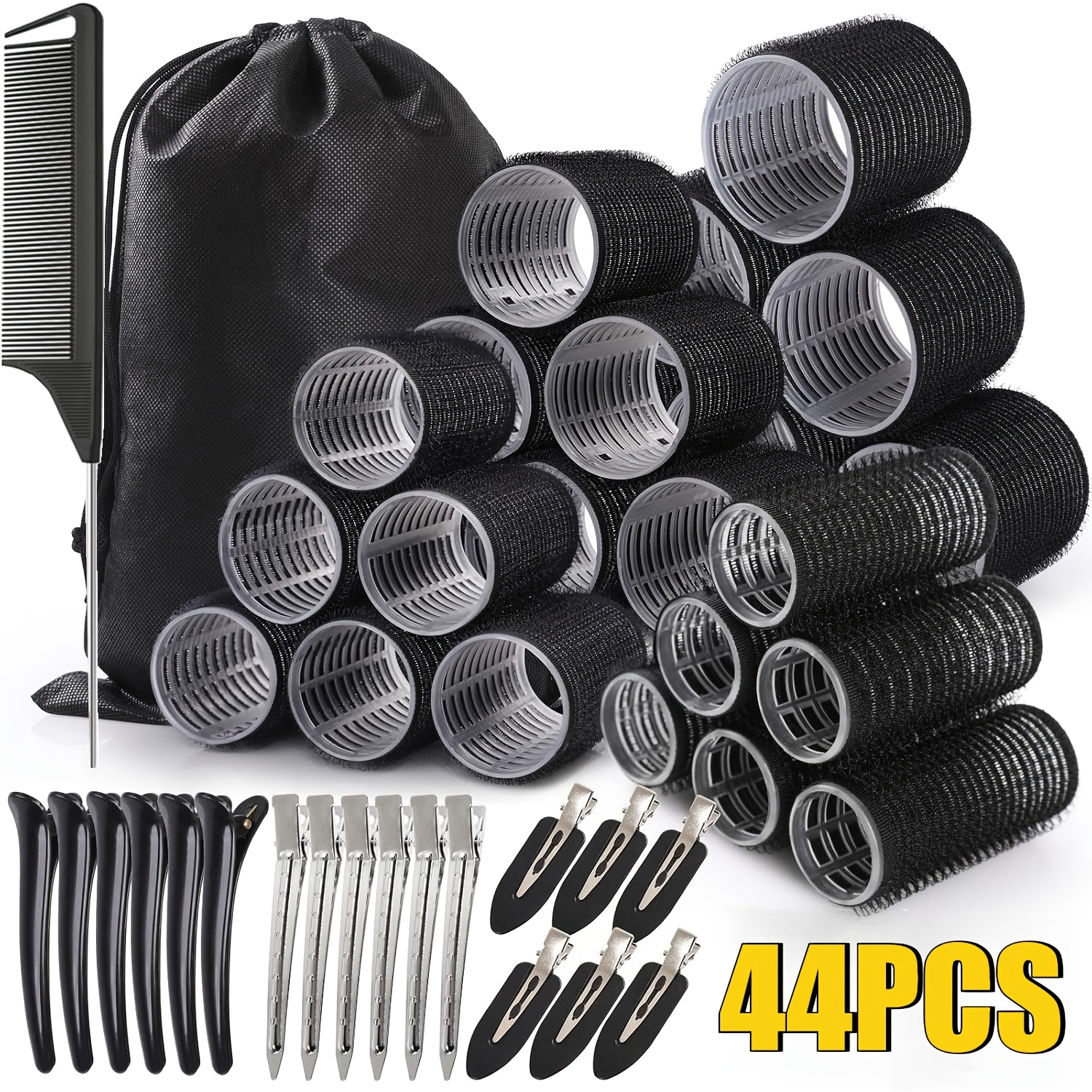 TEMU Set di per capelli da 44 pezzi, con 24 , 18 clip per capelli, 1 e 1 borsa, autoadesivi grandi, per capelli lunghi, e corti
