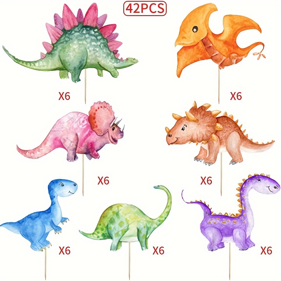 Image of 42-piece Set Of Watercolor Dinosaur Toppers, Dinosaur Cake Toppers, Dinosaur Themed Birthday Cake Insert Set For Boys And Girls, Children's Birthday Party Decorations And Accessories