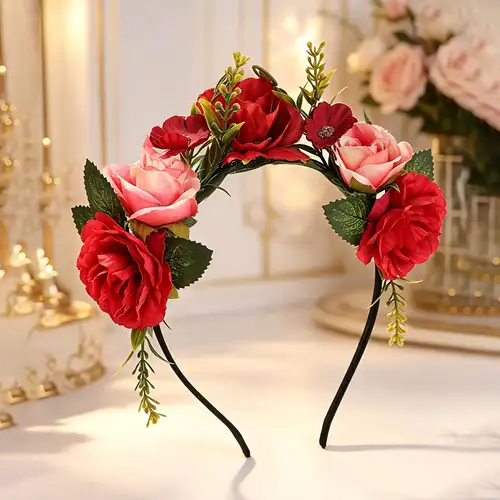 1 Stück Retro Roter Rosenblüten Kopfschmuck Braut Waldstil Kränzchen Kopfbedeckung Europäischer und Amerikanischer Stil Foto Foto Damen Verkleidung Haarverzierungen