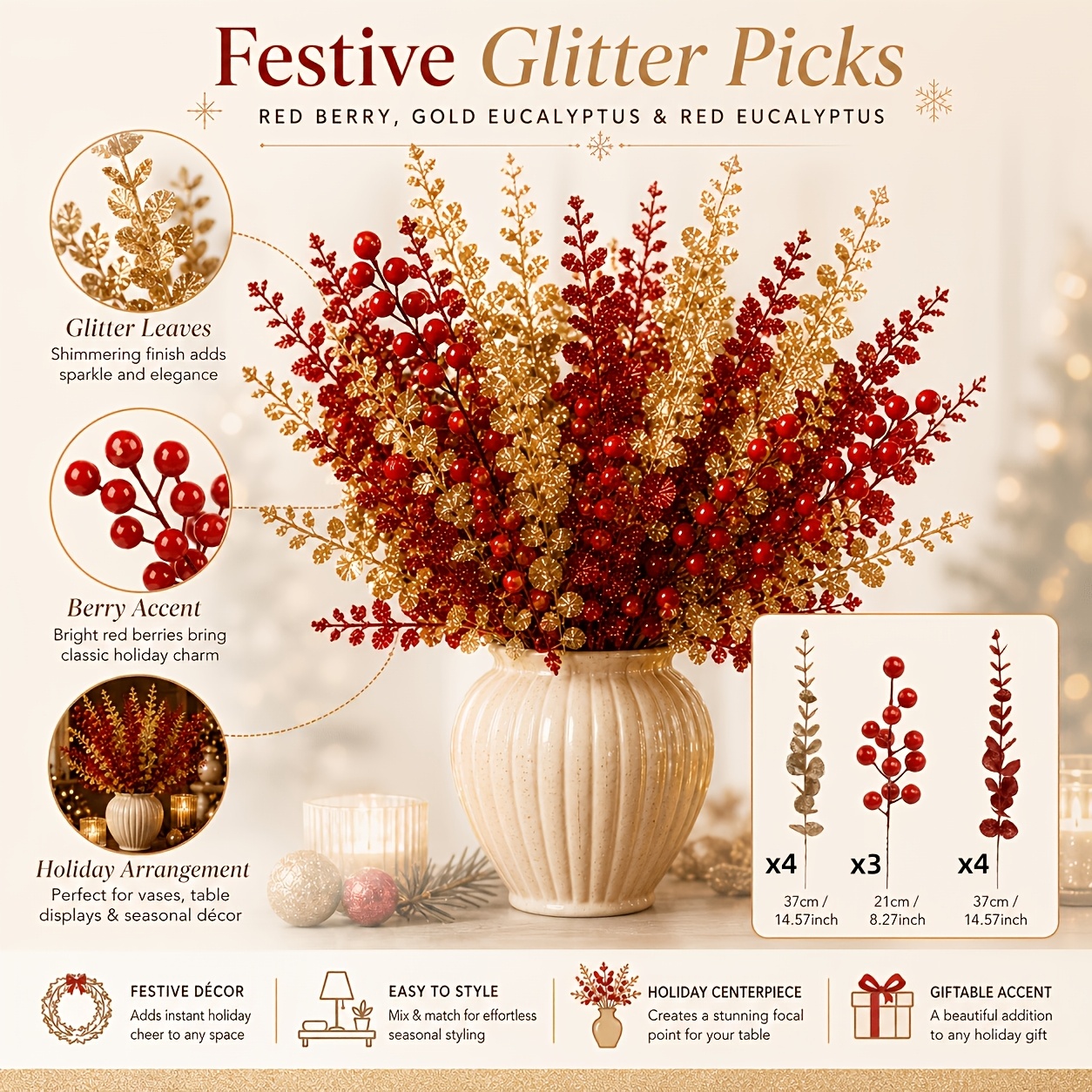 TEMU 11pcs Christmas Eucalyptus Branch Set, Including Golden Glitter Eucalyptus, Red Glitter Eucalyptus And Branches, And Golden Glittering, ,