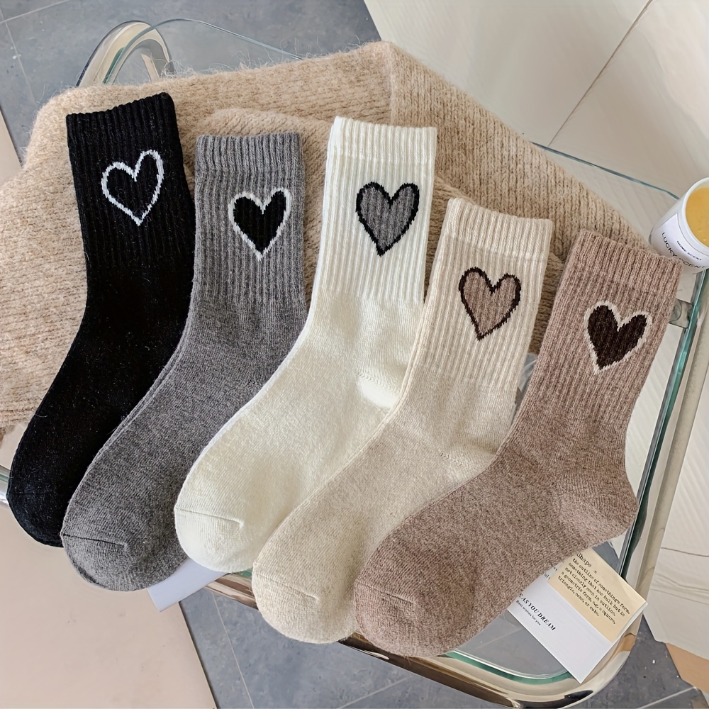 

5pcs Heart Pattern Knee-high Socks For Teens, Polyester And Spandex , Knit Fabric, Hand Washable, For Spring/fall