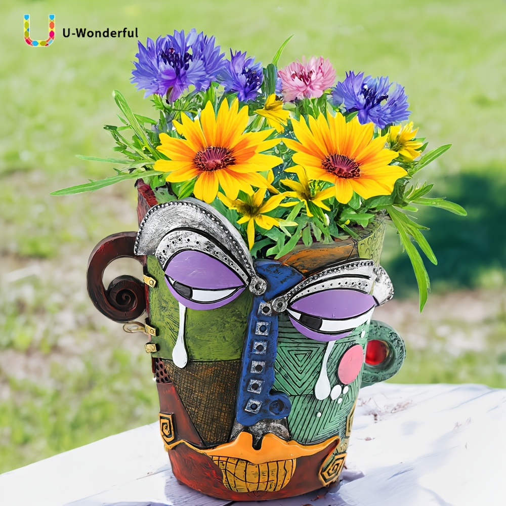 picasso brutalistischer abstrakter blumentopf mit gesicht, gesichts- blumentopf-kopf-pflanzkübel, abstrakte kopf-pflanzkübel, großer zimmerpflanzentopf, lustige dekorative blumentöpfe aus harz, für balkon- oder gartendekor