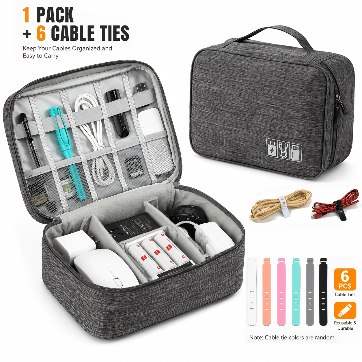 TEMU 1pc Electronic Storage Travel Kit, Random 6pcs Colors Cable Ties, Double-layer Tech Accessory Organizer With Separator, Mesh Pocket And Elastic