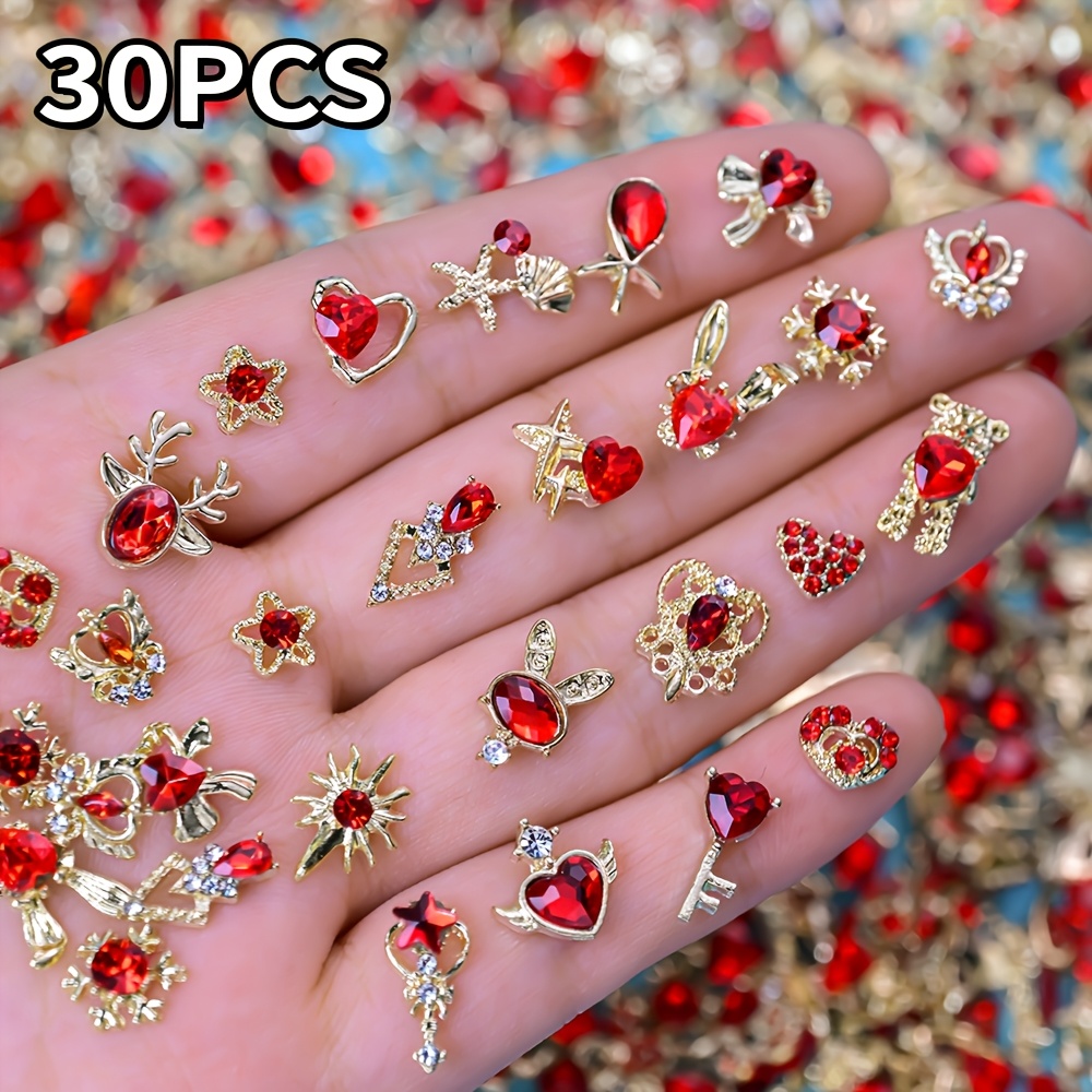 TEMU 30pcs Set Of Rhinestone Nail Pendants, Alloy 3d Nail Decorations, Featuring Cute Red And Golden Rhinestone Hearts, Stars, And Deer Designs.