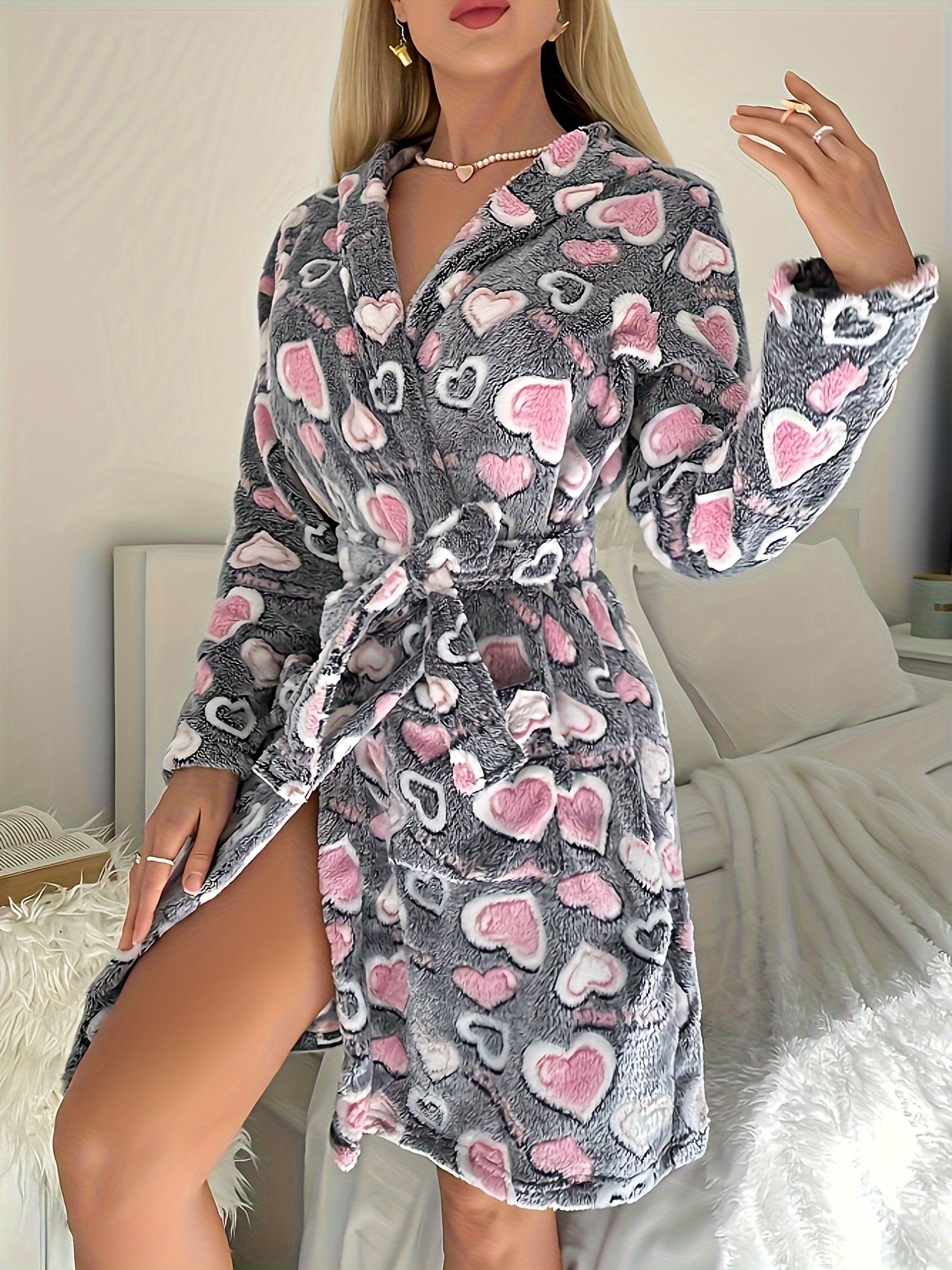 1pc cozy fall winter womens flannel robe long sleeve hooded night dress with heart pattern polyester knit fabric belted loungewear with belt