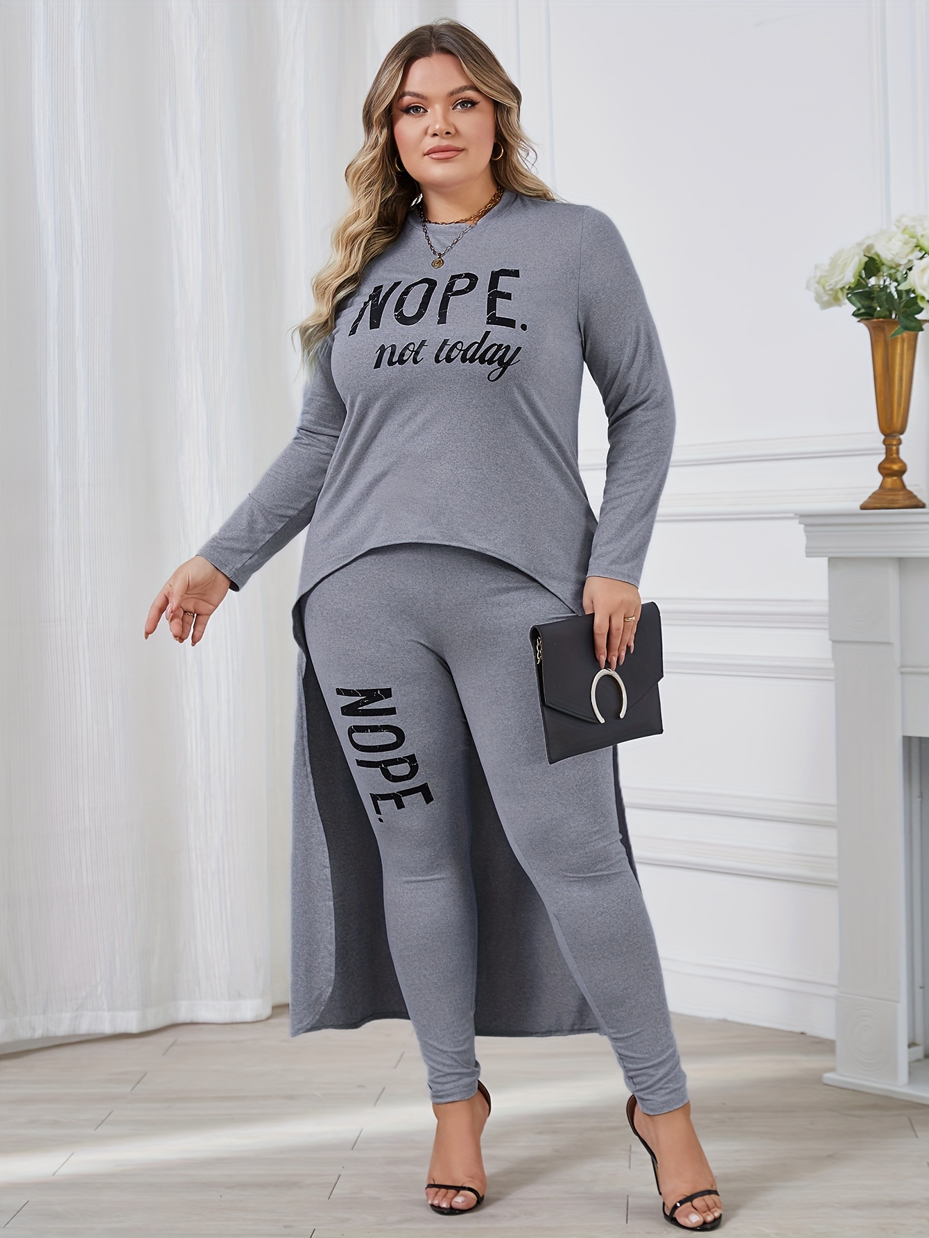 Plus Size Letter Print Long Sleeve Shirt Leggings Outfit Set