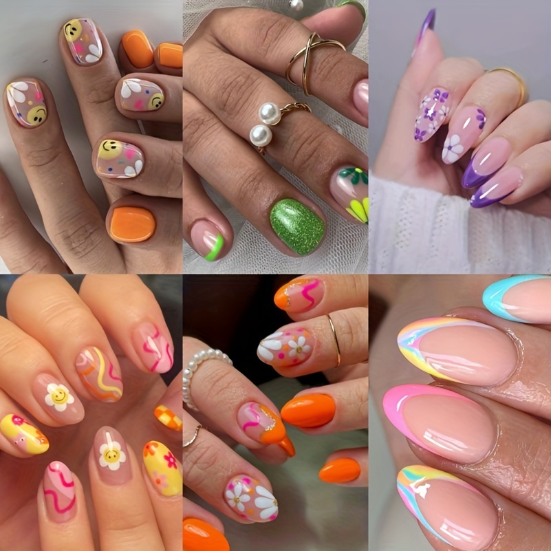 

144 Pcs Flower Press On Nails Short, Almond French Tips Fake Nails Short Glue On Nails, Sun Flower False Nails With Glue Stickers, Cute Acrylic Nails Short For Women And Girls