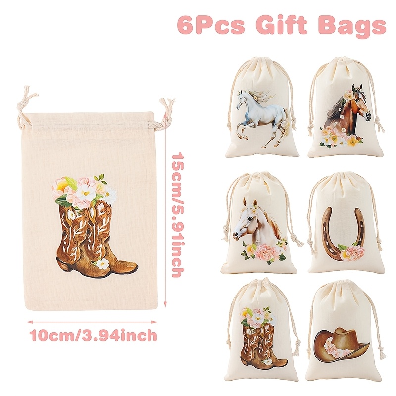 TEMU Gift For Her/him 6pcs, Western Cowgirl Theme Gift Drawstring Bags, Cowgirl Theme Cowboy Hat, Long Boots, White Horse And Horseshoe Design Small