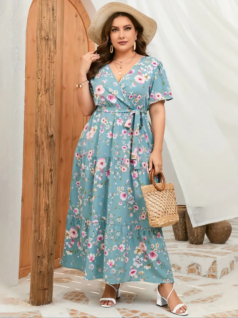 Women Plus Size V Neck Wrap Maxi Dress High Waist Casual Summer Dress With Belt Women Plus Size V Neck Wrap Maxi Dress High Waist Casual Summer Dress With Belt