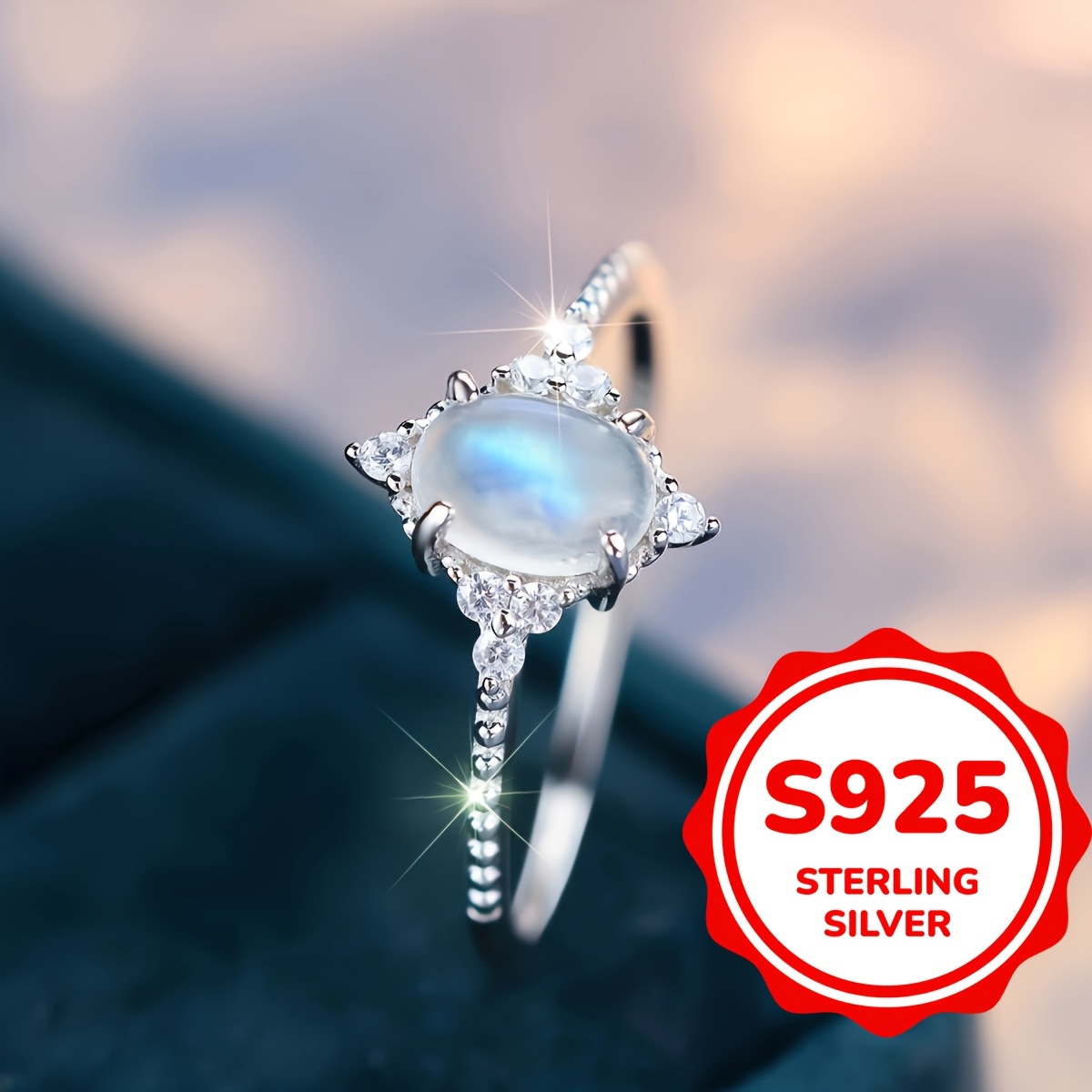 Handcrafted S925 Silver Rhombus Ring with Oval Moonstone