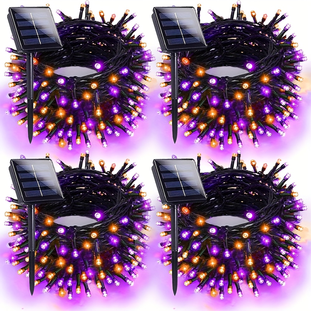 TEMU 4pack Orange Purple Solar For Halloween Lights Outdoor Waterproof Ip65, 480led 160ft Solar Powered Led String Lights Black Wire With 8 , 800lm