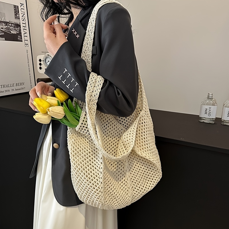 

1pc Knit Tote Bag, Fashionable Hollow-out Crochet Shoulder Bag, Polyester Beach Bag, Large Capacity Shopper Handbag In Solid Color