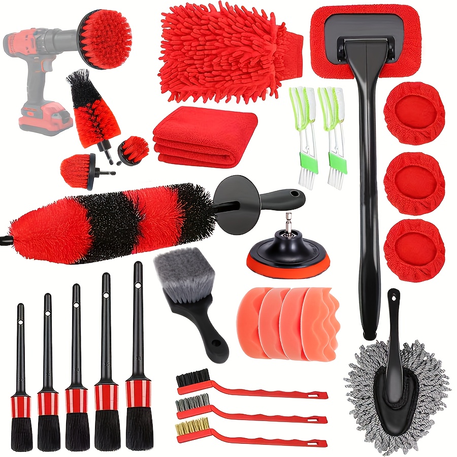 TEMU 18pcs/28pcs Car Washing Tool Set - - Kit Attachments, Pp , Uncharged - Includes Brushes, Tire Brushes, Interior Brushes, Microfiber Towels, And