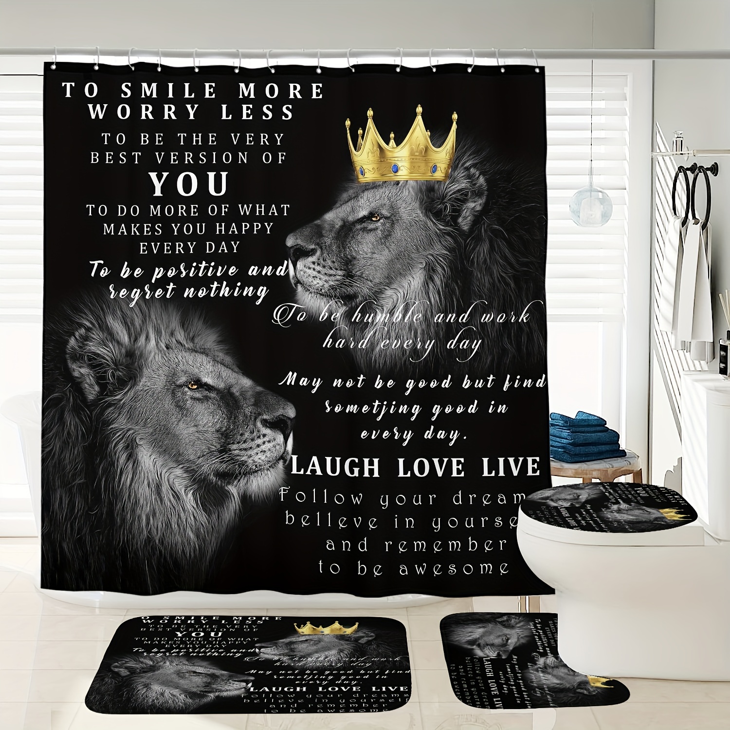 

1/3/4pcs Crown Lion King Pattern Shower Curtain Set, Shower Curtain With 12 Hooks, Non-slip Bath Mat, U-shaped Toilet Mat, Toilet Mat, Bathroom Decor Accessories