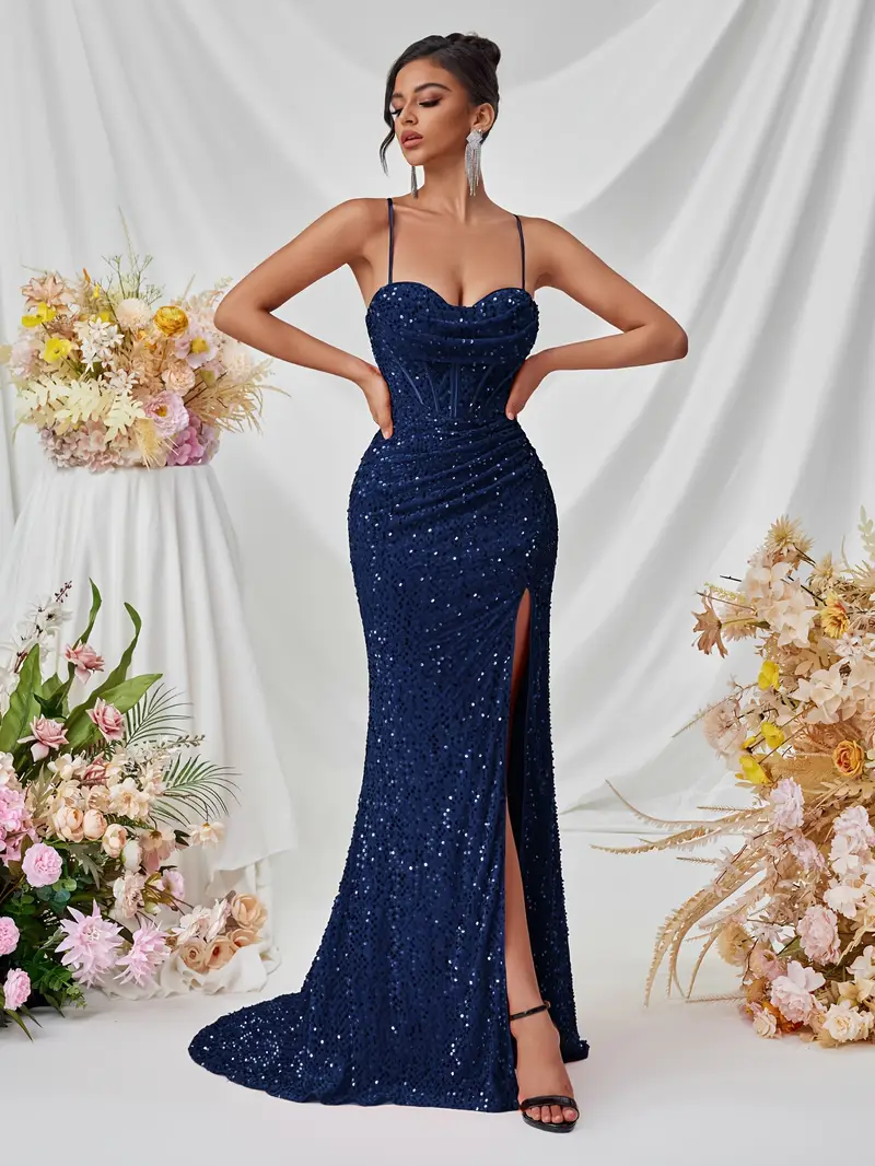 sequin spaghetti strap sweetheart neckline front slit - Temu Mauritius sequin spaghetti strap sweetheart neckline front slit - Temu Mauritius