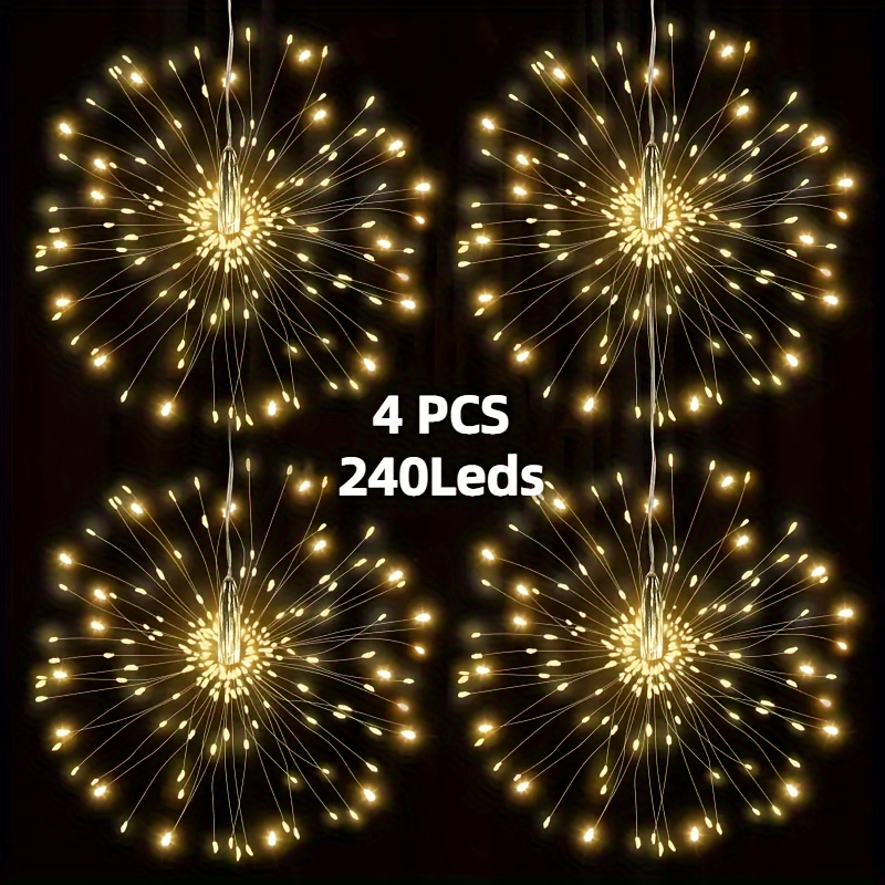 TEMU 4/5pcs Hanging Solar Power Outdoor Firework Light, 240/360/450 Led Sparkling Starburst , Ip65, Warm White/multicolor/white, 8 Mode Copper Wire