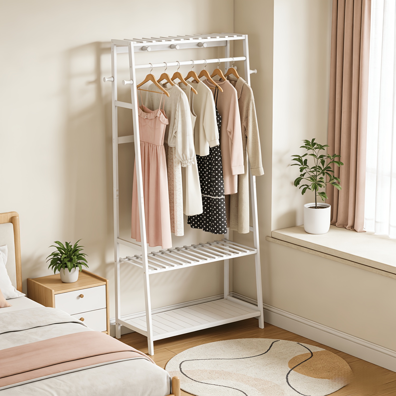 Unho Bamboo Coat Standing With 3 Shelves 10 Hooks Rail Garment Rack Storage Organizer For Entryway Bedroom Living Room Hallway Office 80x43.5x165cm