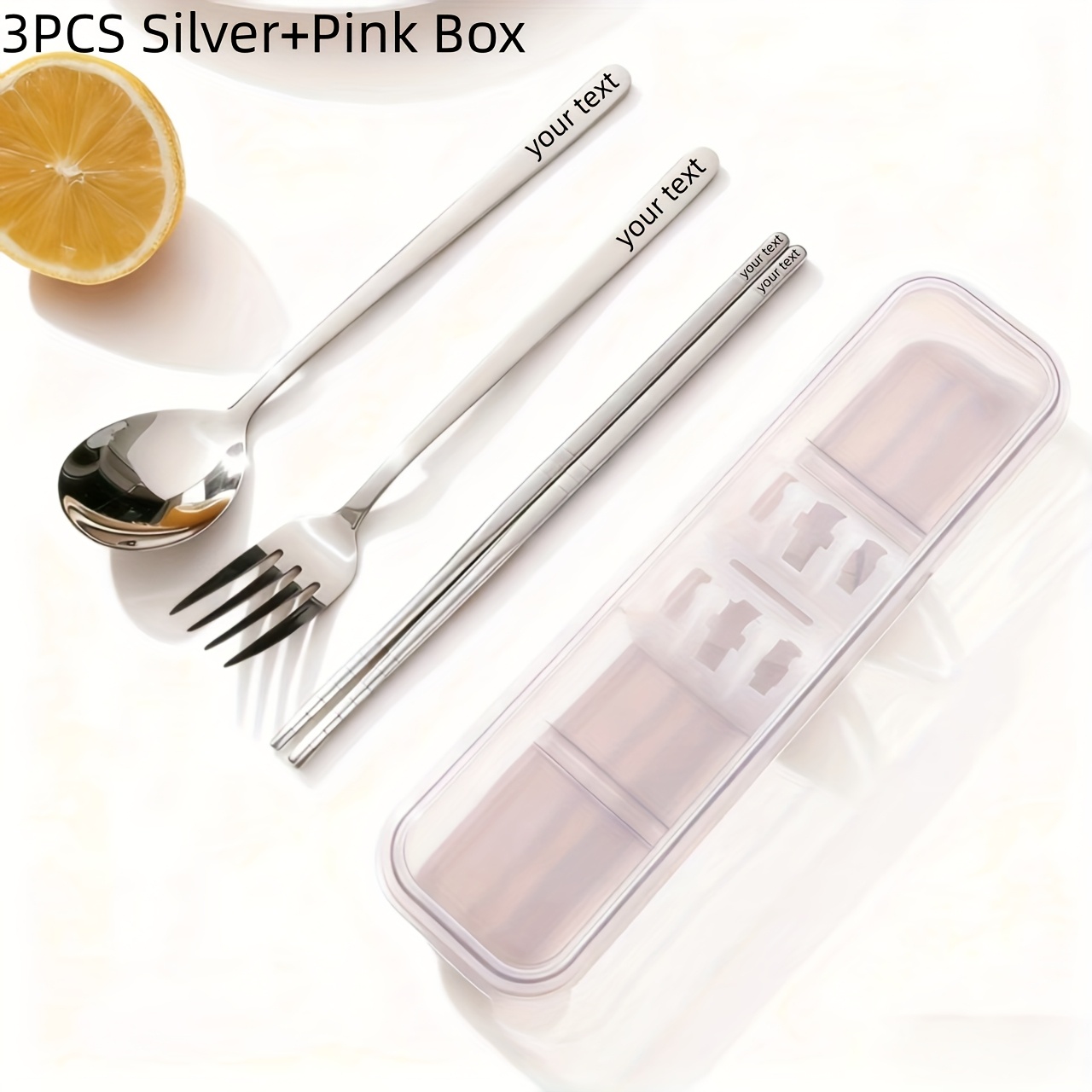 TEMU Customize Your Text, 3pcs Set Of Chopsticks, 304 Stainless Steel Outdoor Cutlery Storage Box, Portable And Easy To Clean, Stainless Steel