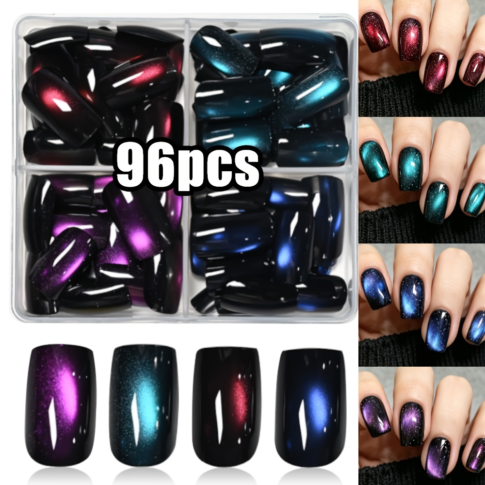 TEMU 96pcs Cat Eye Press-on Nails, Medium Square Dark Base Starry Glitter Fake Nails In 4 , Reusable Chameleon Magnetic False Nail Kit For Halloween