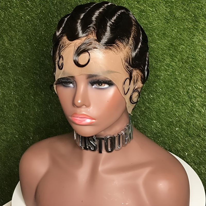 TEMU Short Black Bob Cut L-part Lace Front Human Hair Wig For Women - 180% Density Straight Hair, Natural Look & Versatile Style For All Light Beige Tones, Short Hair Wig, Finger