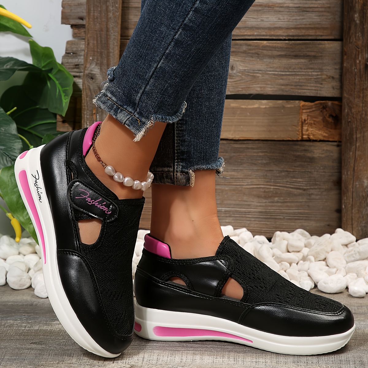 womens breathable mesh casual sneakers black with pink accents low top lace       for outdoor casual attire ladies sneakers Product details 4