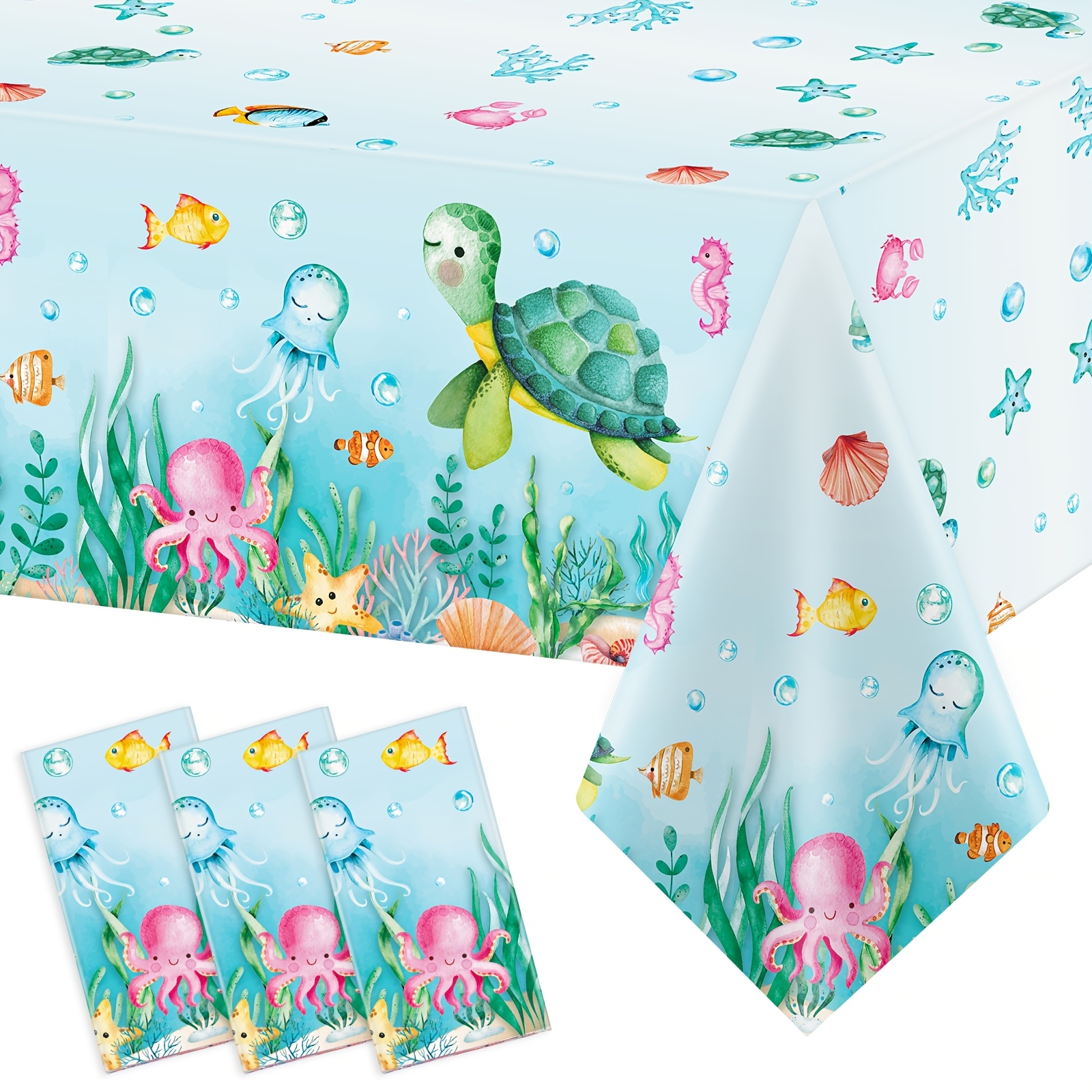 

3pcs Ocean Turtle Disposable Tablecloths, 54x108 Inch, Stain Resistant & Waterproof, Vibrant Underwater Theme With Sea , Ideal For Birthday Parties, Showers & Summer Events, Sea Turtle Decor