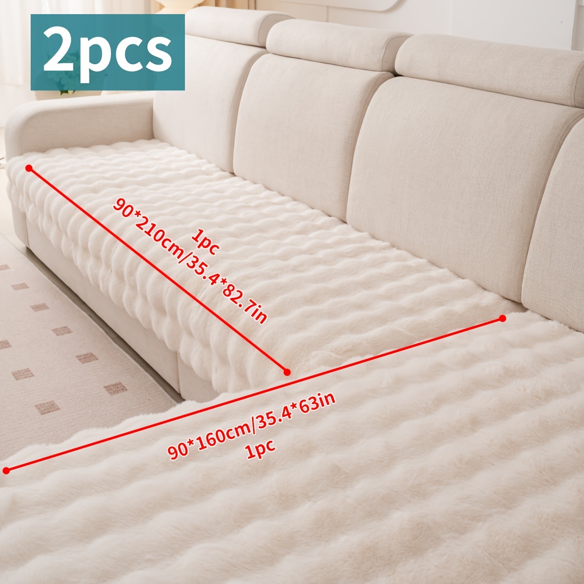 2pcs Modern Faux Rabbit Fur Sofa Covers, Pet-friendly Thick Plush Couch Protector With Non-slip Backing, Machine Washable, For Home Decor - Polyester, 300-350gsm, Couch Covers For Sofa