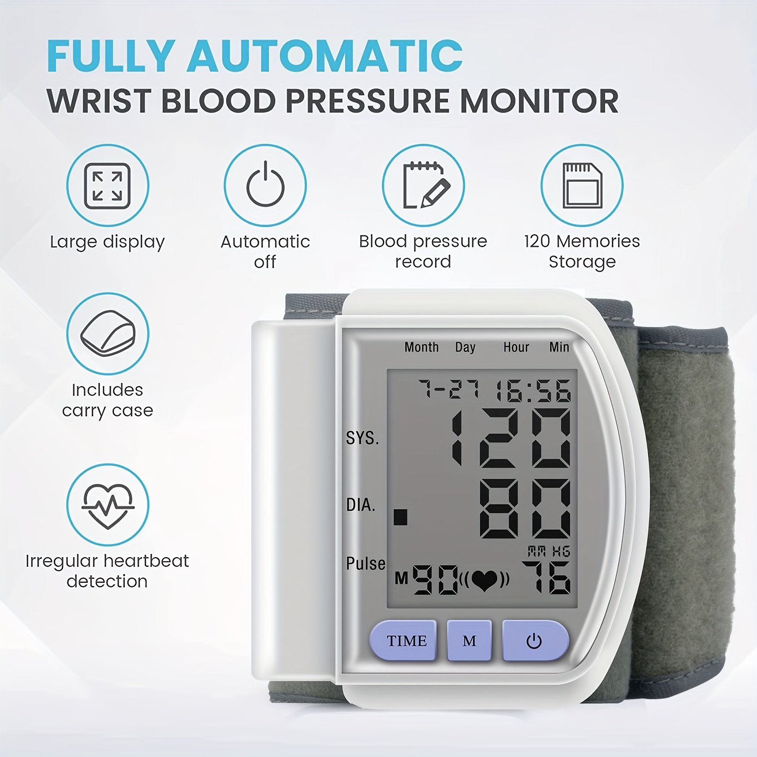   kun automatic wrist blood pressure monitor digital sphygmomanometer with large lcd display adjustable strap battery powered easy to read heart rate and memory storage features no   Product details 3