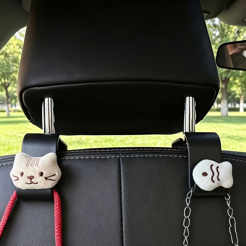 TEMU 2pcs Set. Soft Cute Kitten And Little Fish Shaped Car Seat Hooks, Car Headrest Back Storage Hooks Creative Girly Car Interior Decoration Items